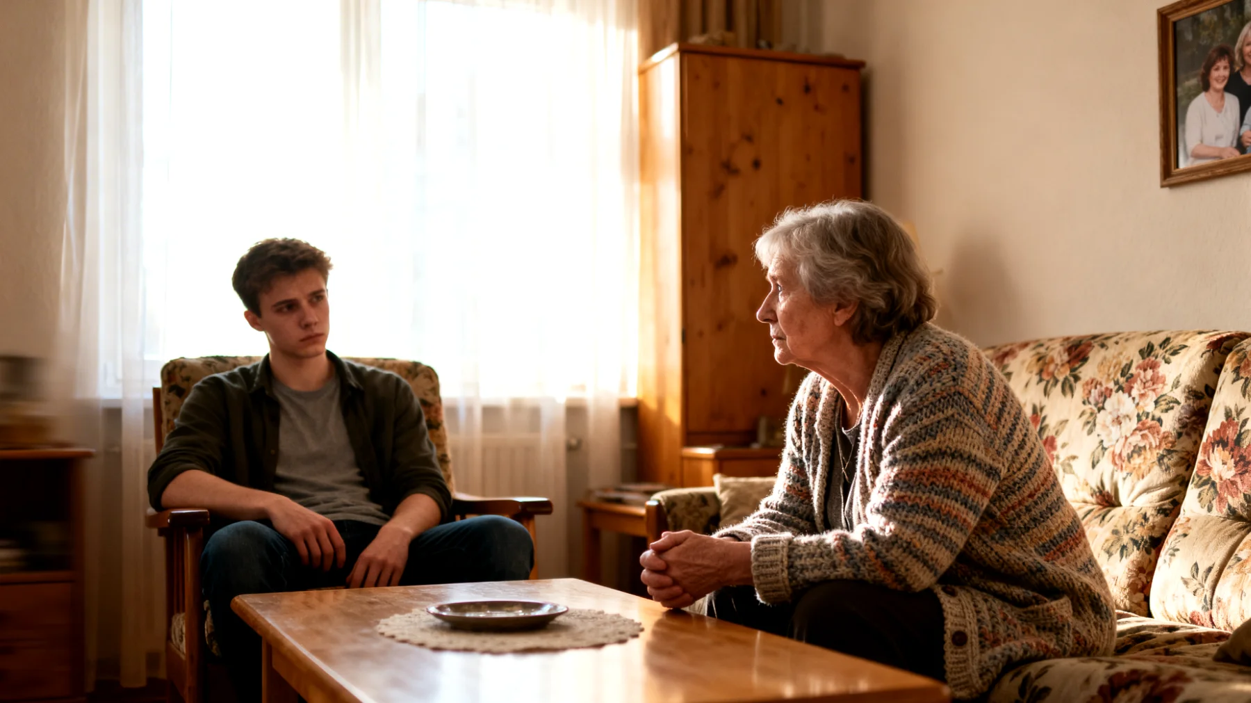 Die Großmutter beobachtet, dass ihr erwachsener Enkel trotz offensichtlicher Intelligenz jegliche Motivation zum Lernen und zur beruflichen Weiterentwicklung verloren hat. Sie versteht nicht, warum er seine Chancen nicht nutzt, und fühlt sich hilflos und besorgt, während ihre gut gemeinten Ratschläge zunehmend zu Spannungen und Rückzug führen."