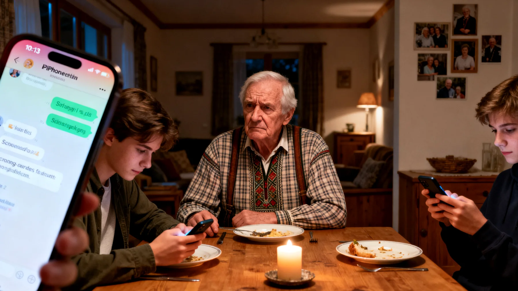 Der Großvater hat große Schwierigkeiten, mit seinen erwachsenen Enkeln zu kommunizieren. Er fühlt sich oft nicht verstanden und hat das Gefühl, dass seine Worte und Erfahrungen nicht ernst genommen werden. Die Gespräche enden häufig in Missverständnissen oder werden abrupt abgebrochen, weil die jungen Erwachsenen das Gefühl haben, der Großvater lebe in einer anderen Welt. Der Großvater leidet still darunter, traut sich aber nicht, offen über seinen Schmerz zu sprechen."